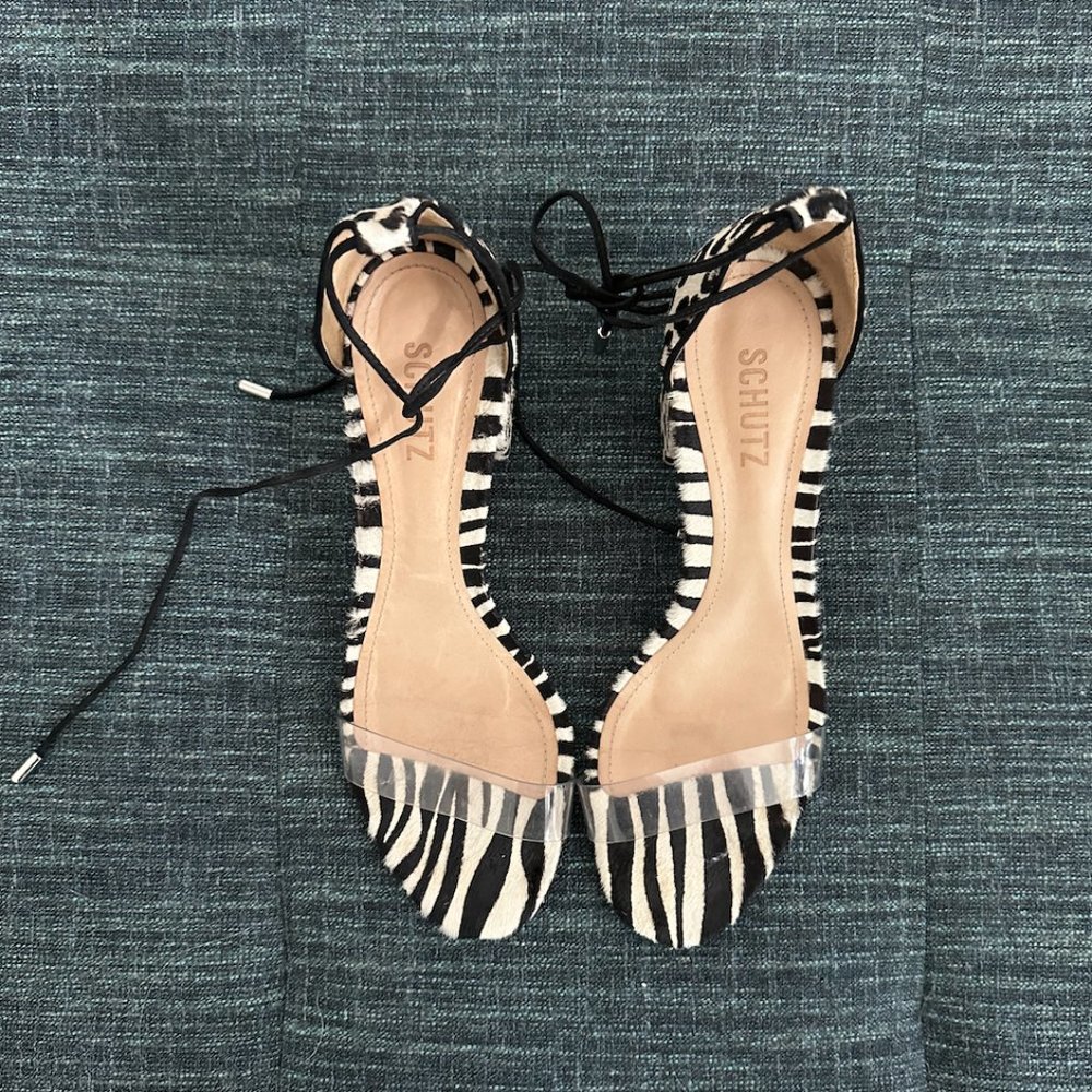 Schutz Clear furry sandals zebra pony print size EU41